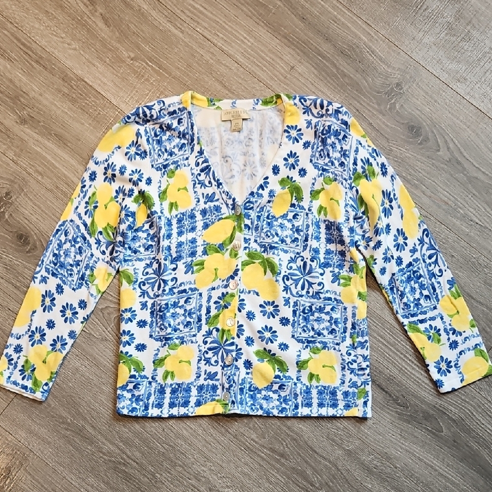 Appleseeds Mediterranean Lemon Print Button Down Cardigan Sweater Petite Small
